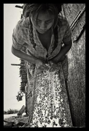 Akawaio woman grating bitter cassava on grater made of wood 